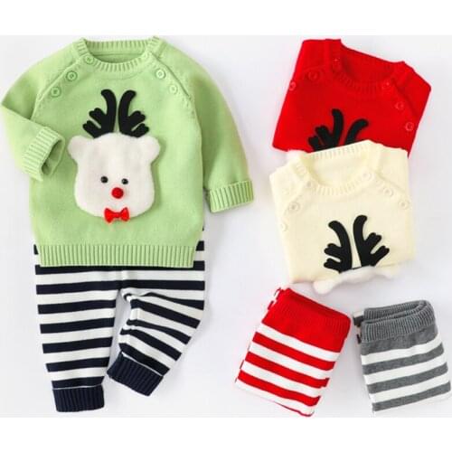 Autumn Winter New Deer Baby Sweater Suits Christmas Thick Baby Boy Girl Double Oblique Button Knit Sweater Striped Pants 2-Piece