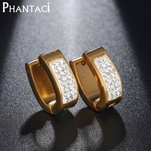 Phantaci 6MM Crystal Paved Stud Earrings for Women Gold Color Stainless Steel Brincos Clip On Earings Fashion Ladies Jewelry