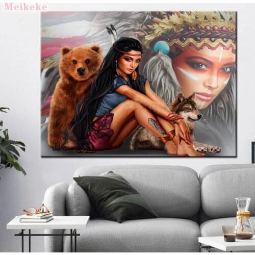Full square round Diamond mosaic Indian beauty girl and wolf 5D DIY Diamond Painting Cross Stitch Rhinestone embroidery beads