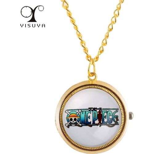 Rotating Anime Theme Cover Mini Kids Quartz Pocket Watch Gold Necklace Sweater Chain Cute Anime Boy Gift Retro Pocket Clock