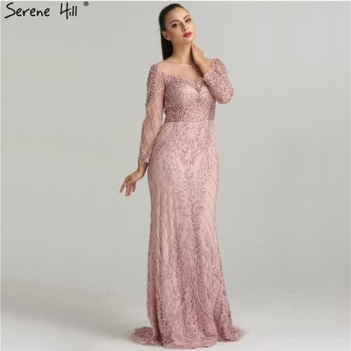 Pink Long Sleeves Pearls Crystal Prom Gowns 2020 Mermaid Sexy Elegant Formal Prom Dress BLA6274 Plus Size
