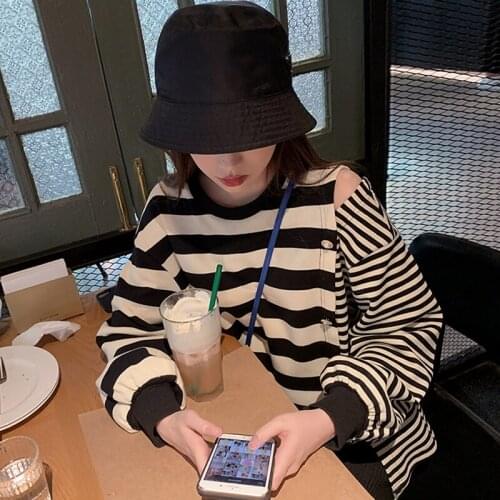 Black Stripe Top 2021 New Womens Long Sleeve Loose And Versatile Spring And Autumn Sportswear