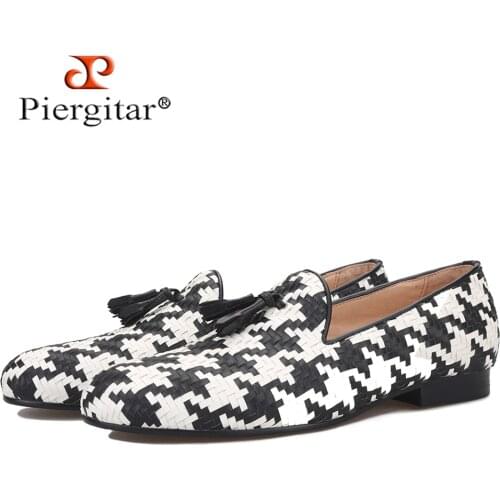 Piergitar brand new style men woven leather shoes fashion party and wedding men tassel shoes plus size handmade males loafers