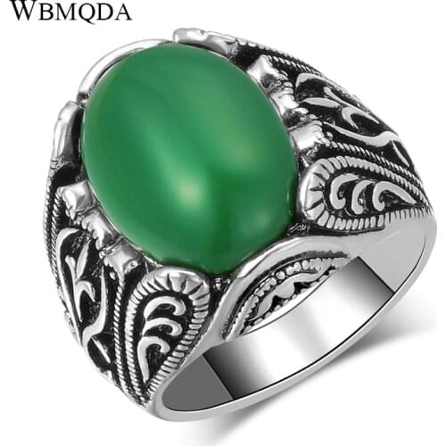 Wbmqda Luxury Green Stone Big Ring For Women Antique Silver Color Vintage Wedding Jewelry Drop Shipping