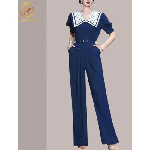 SMTHMA Summer Dot Romper Women Elegant Puff Short Sleeve High Waist Jumpsuit Female Wide Leg Playsuits Fashion Clothes With Belt