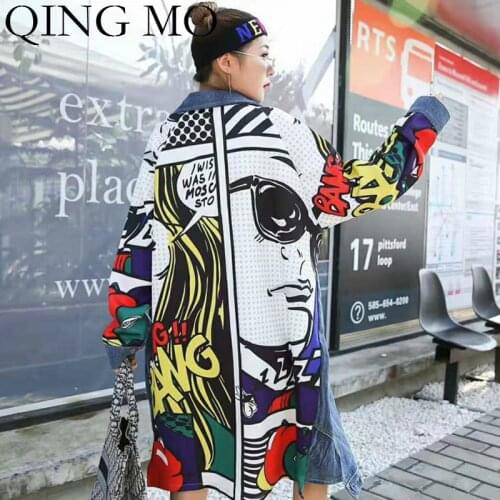 QING MO Women Cartoon Character Print Denim Coat 2019 Autumn Women Personality Long Coat Single Breasted Full Sleeve CoatZQY1265