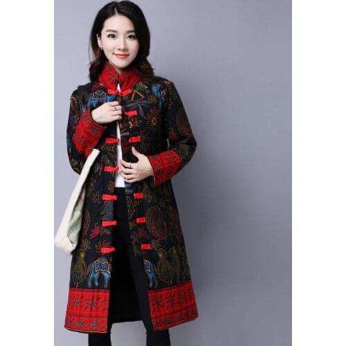 Female National Style Big Size 4Xl Chinese Style Stand Collar Winter Coat Woman 2021 Fashion Flower Printed Cotton Loose Coat