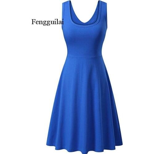 Ladies spring and summer explosion models round neck sleeveless big swing solid color sexy dress