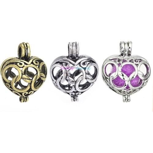 1pc Vintage Silver Color Plated DIY Hollow Lantern Peal Cage Filigree Heart Essential Oil Diffuser Necklace Locket Pendants