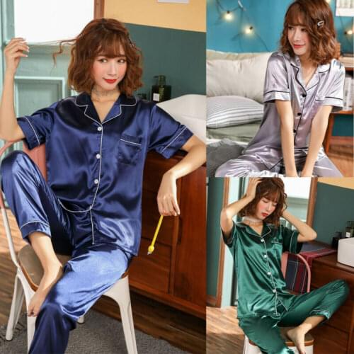 2-Piece Sexy Womens Long Sleeves Pajamas Satin Top Pants Smooth Soft Nightwear Short Sleeve Pajamas Set