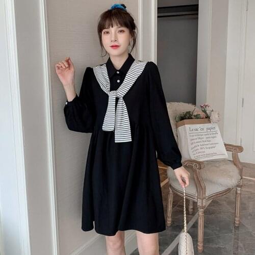 2676# Maternity Dress Spring Autumn fashion Turn Down Collar Cotton Long Sleeves Loose Stylish Dress for Pregnant Women