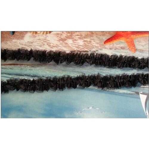 3.5cm wide-(5yards/lot) Free Shipping New arrival black pleated chiffon beaded lace trim diy craft wedding lace ribbon
