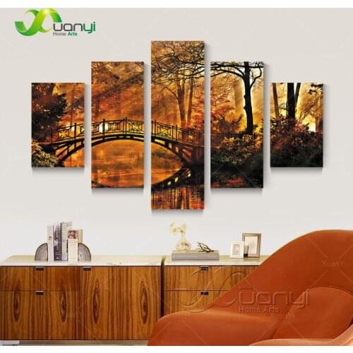 5 Piece Wall Art Forest Bridge Picture Landscape Oil Painting Canvas Painting Home Decoration Canvas Print Unframed PR1246
