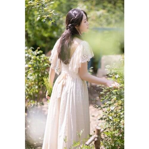 Free Shipping 2019 New Summer Princess Nightdress Womens Long Nightgown Beige Pijamas Embroidery Cotton Vintage Sleepwear