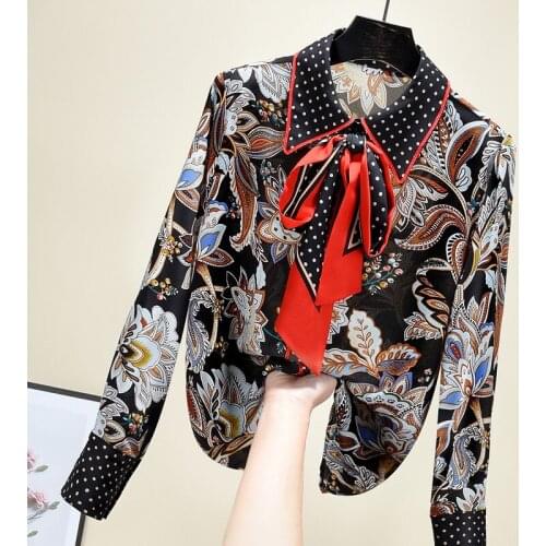 Elegant Womens Shirt 2021 Spring New Long Sleeve Bow Tie Turn Down Collar Flower Print Blouse Lady Blusas Mujer