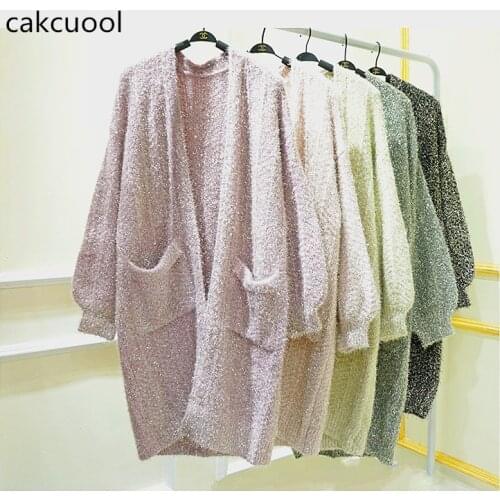 Cakucool Women Silver Lurex Open Stitch Bling Sequins Midi Long Cardigan Loose Korean Sweater Shiny Knit Coat Outwear Femme Plus
