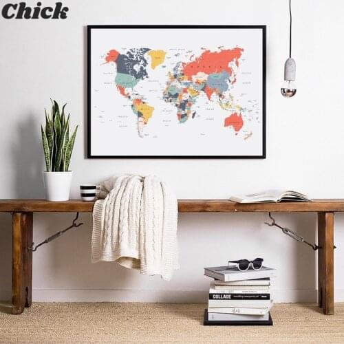 World Map Poster Print Happy Colors Wall Art Canvas Painting Coral Blue Yellow Teal Pink Wall Picture For Living Room Home Decor