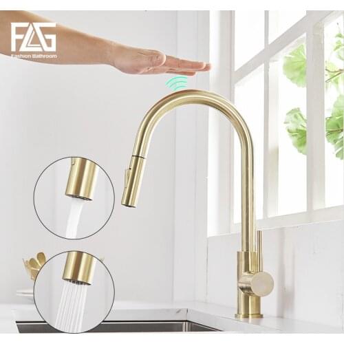 FLG Touch Control Kitchen Faucets Smart Sensor Kitchen Tap Brushed Gold Stainless Steel Touch Faucet Pull Down Sink Mixer Taps