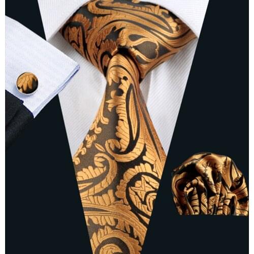 LS-988 2016 New Arrive Mens Tie Yellow Paisley 100% Silk Jacquard Woven NeckTie Hanky Cufflink Set For Men Formal Wedding Party