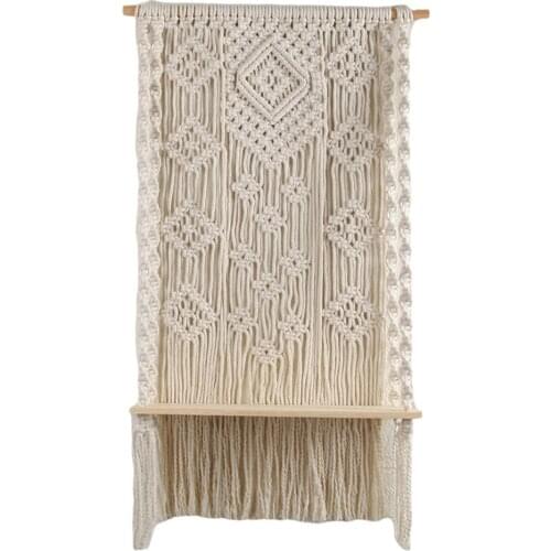Macrame Wall ing Tapestry with Wood Shelf Bohomia Cotton Tassel Decor