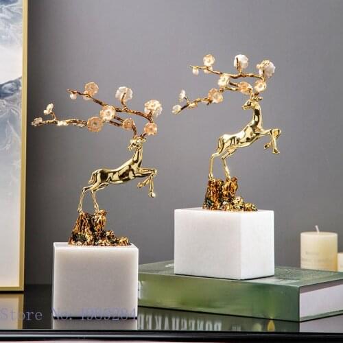 Copper Simulation Animal Sculpture Sika Deer Plum Blossom Deer Metal Gold Crafts Ornaments Marble Base Animal Statue Figurine