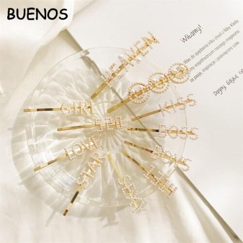 BUENOS Korean Pearls Letter Metal Hair Clips for Women Girls LOVE KISS 520 Statement Barrettes Spinki Pearl Hair Accessories