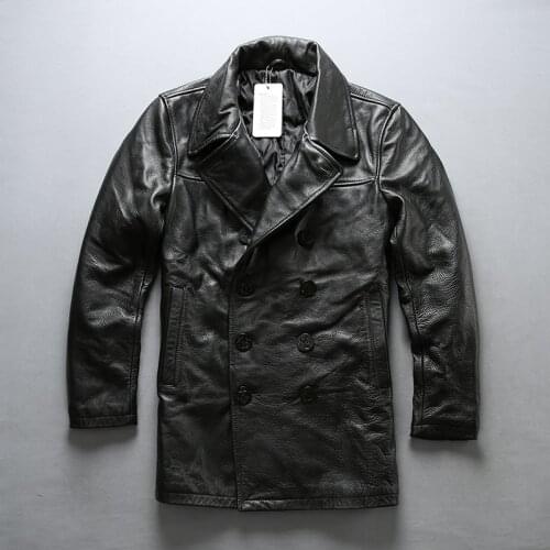 Mens Genuine Winter Fur Vintage Double Breasted Cowhide Leather Coat Casual Formal Black Jacket