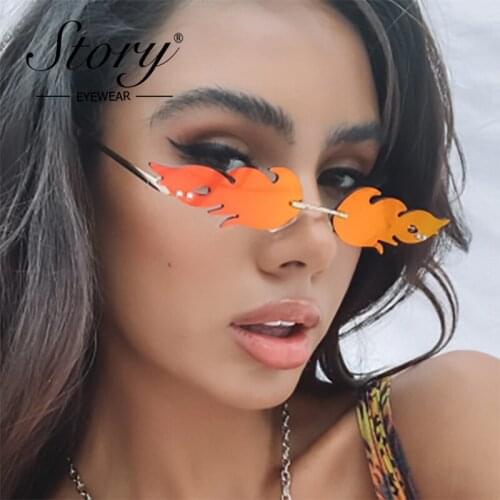 STORY Fashion Rimless Flame Fire Sun Glasses Women Men Brand Designer Trendy Steampunk Mirror Red Frameless Sun Glasses