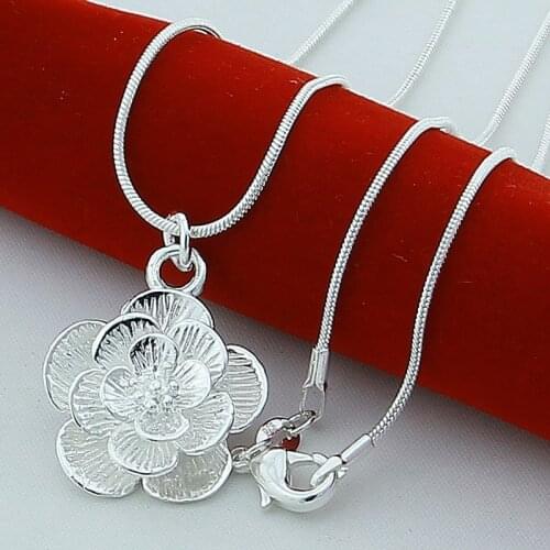925 Sterling Silver Rose Flower Pendant Necklace Peony Flower Necklace 18/20/22/24 Inch Snake Necklace Womens Party Jewelry