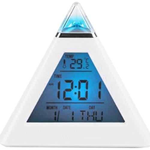 Pyramid LCD Alarm Clock Thermometer Digital Table Clock 7 Colors Backlight Changeable Led Clock Home Night Light