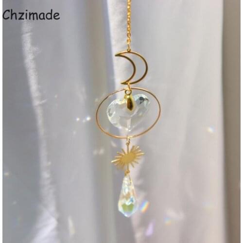 Chzimade Crystal Wind Chime Star Moon Pendant Sun Plated Colorful Beads Hanging Metal Pendant for Outdoor Indoor Home Garden