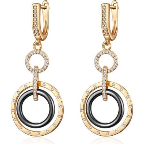 Luxury Round Circle Ceramic Drop Earrings Paved Cubic Zirconia Gold Silver Color Long Earings Women Jewelry Girls Gift Accessory