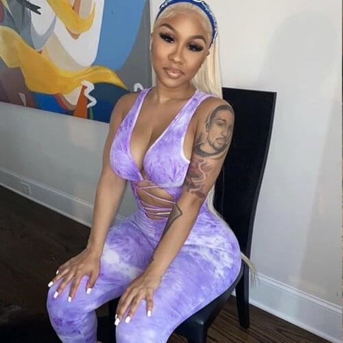 Tie Dyed Print Hollow Out Jumpsuit Sexy Women Bandage V Neck Sleeveless Push Up Bodycon Rompers 2021 Summer Sports Playsuit