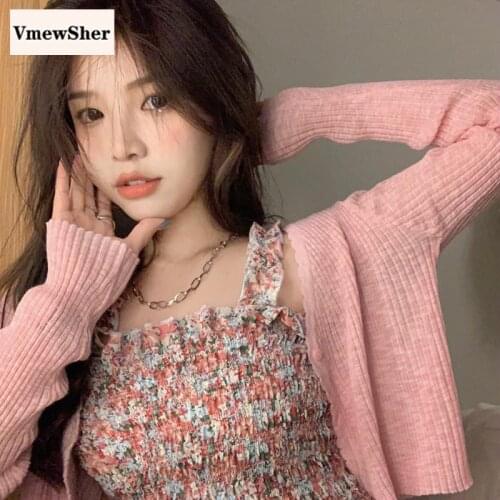 VmewSher New Spring Summer Women 2 Pcs Set Short Camisole and Cardigan Two Crop Tops Sweet Floral Elastic Sling Solid Knitted