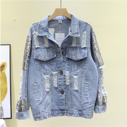 Korean Sequins Washed Blue Hole Denim Coat Women Loose Vintage Plus size Casual Jean Jacket Long sleeve Female Spring Basic Coat