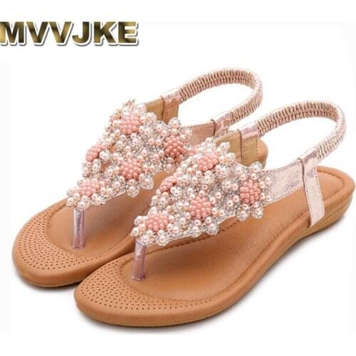 MVVJKE Summer womens shoes bohemian beaded flat sandals simple and comfortable flat shoes national wind casual beach shoes