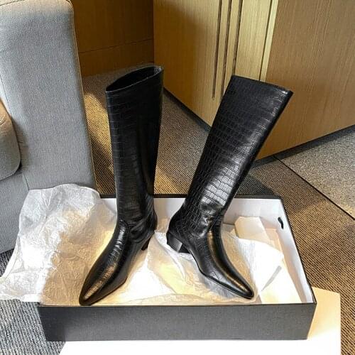 Western Boots Women Knee High Cowboy Boots Fashion Pointed Toe Sewing Shoes Female High Heels Thick Shoes Ladies Winter