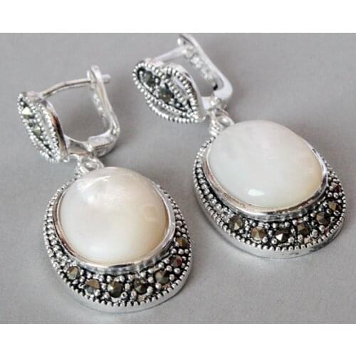 Handmade ladys 925 Silver White Sea Shell Marcasit Earrings 11/2"
