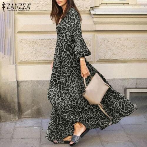 Stylish Womens Leopard Sundress ZANZEA 2021 Spring Dress Puff Sleeve Maxi Vestidos Female Casual V Neck Print Robe Plus Size 7