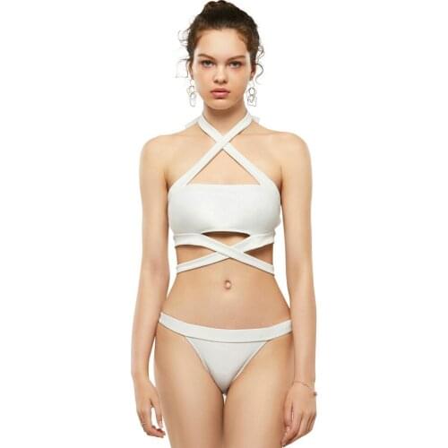 Women Sexy Bikini Set Hollow Bikinis Mujer Swimsuit White Halter Cross Swimwear Two Piece Bandage String Bathing Suit Beach Wear