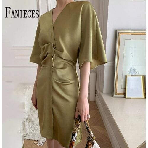 FANIECES Elegant Gentle Satin Mini Dress Women Summer Loose Short Sleeve Fashion Party Front Ruched V Neck Dresses OL Vestidos