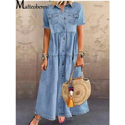 2021 Women Summer Fashion Retro Short Sleeve Turn Down Collar Pockets Buttons Ladies Streetwear Casual Loose Long Denim Dresses