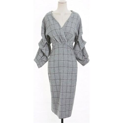 Ladies Elegant V-Neck Dress Women Fashion Slim Hips Dress Split Grid Slim Dress