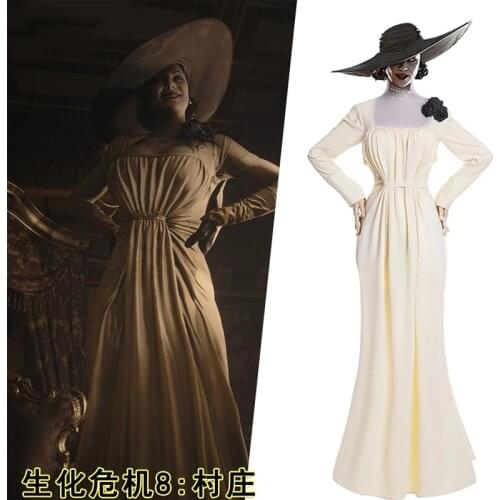 Womens Halloween Lady Dimitrescu Cosplay Dress Lady Village Outfit White Long Dresses