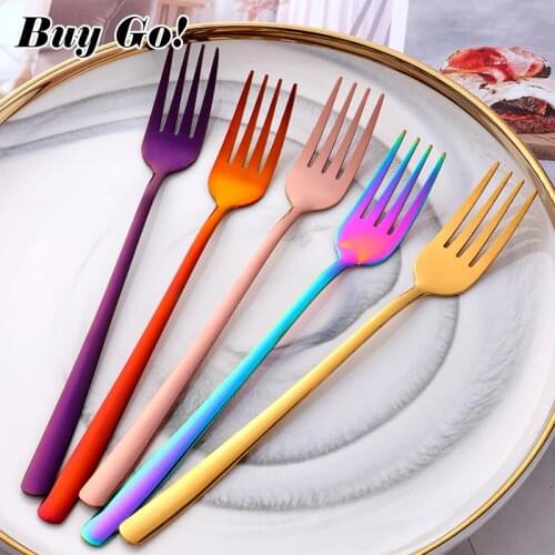 1PC Stainless Steel Dinner Fork Korean Colourful Dessert Fruit Fork With Long Handle Gold Blue Fork Set for Hotel Party Supplies