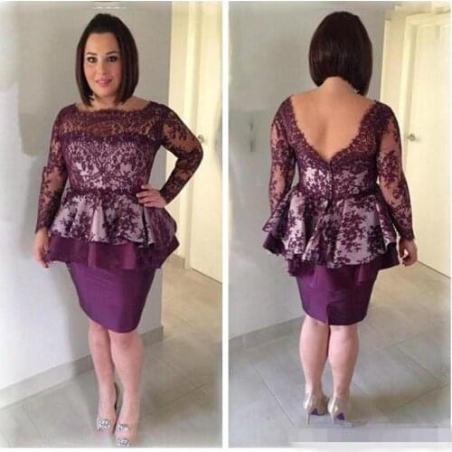 2020 Grape Lace Sheath Mother Dresses Low Back Long Sleeves Short Mother Of The Bride Gowns Knee Length Women Formal Party