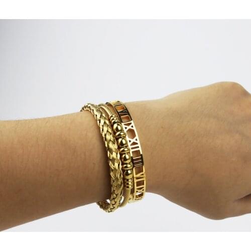 3 Pieces/Set Of Luxury Hollow Roman Numeral 316L Stainless Steel Wristband Braided Bracelet Open C-Shaped Cuff Womens Bracelet