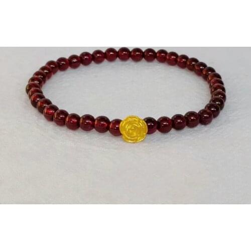 999 Real 24K Yellow Gold Women Bracelet 3D Rose Flower with Garnet Beads Link Bracelet 0.08-0.13g
