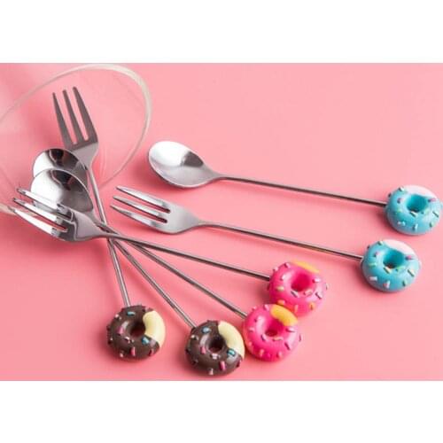 Dessert Spoon Fork Lovely Donut Decor Stainless Steel Coffee Ice Cream Spoon Kitchen Flatware Kids Dinnerware High Quality