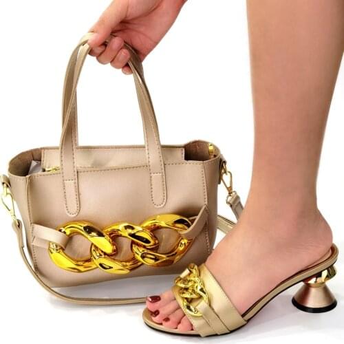 Doershow Italian Shoe and Bag Set New 2018 Women Shoes and Bag Set In Italy gold Color Italian Shoes with Matching Bag HNY1-14